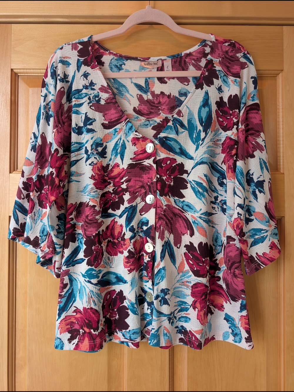 Light Cream Floral Button-Front Top with Burgundy & Teal Accents